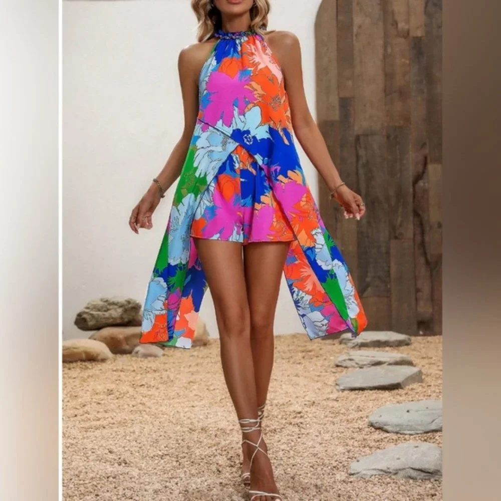 Boho Floral Print Long Halter Top & Shorts - Picture 1 of 7